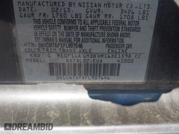 2015 Nissan Versa SV with VIN 3N1CN7APXFL907646, listed as a IAAI auction lot 41744751 with 82,843 mi miles. Bid and sale history available at carsss.com. Image 9.
