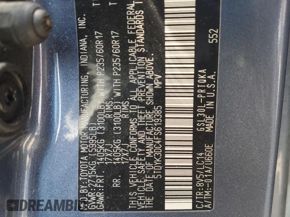 2015 Toyota Sienna XLE with VIN 5TDYK3DC4FS619385, listed as a Copart auction lot 57090385 with 112,896 mi miles and Salvage title. Bid and sale history available at DreamBid. Image 14.