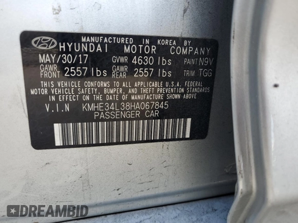 2017 Hyundai Sonata Hybrid Limited with VIN KMHE34L38HA067845, listed as a Copart auction lot 38892253 with 87,285 mi miles. Bid and sale history available at carsss.com. Image 12.