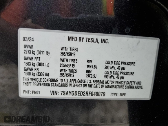 2024 Tesla Model Y with VIN 7SAYGDED2RF040079, listed as a Copart auction lot 57237054 with 2,549 mi miles and Non Repairable. Bid and sale history available at DreamBid. Image 12.