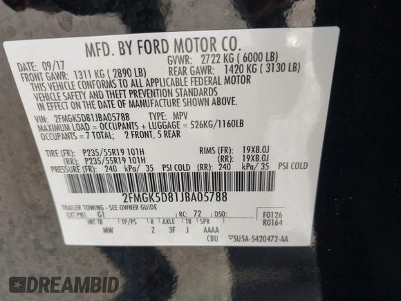 2018 Ford Flex Limited with VIN 2FMGK5D81JBA05788, listed as a IAAI auction lot 41599235 with 72,267 mi miles. Bid and sale history available at carsss.com. Image 9.
