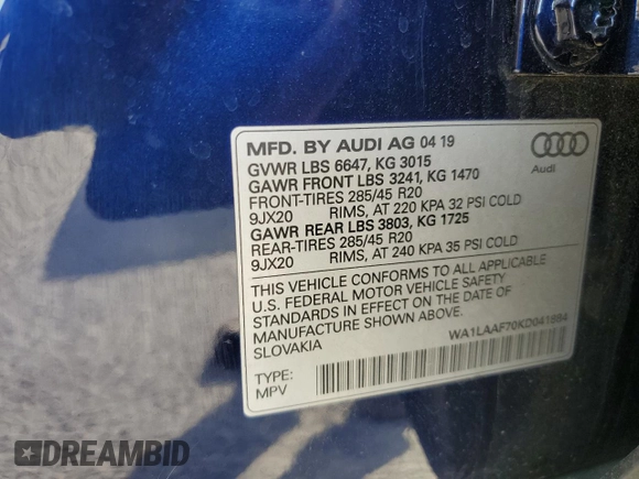 2019 Audi Q7 Premium Plus with VIN WA1LAAF70KD041884, listed as a Copart auction lot 57115355 with 57,181 mi miles and Clean title. Bid and sale history available at DreamBid. Image 13.