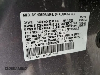 2020 Honda Passport EX-L с VIN 5FNYF8H50LB000022, выставлен на аукционе Copart как лот 59368095 с пробегом 85 331 миль миль и На запчасти • Non repairable. История ставок и продаж доступна на DreamBid. Изображение 14.