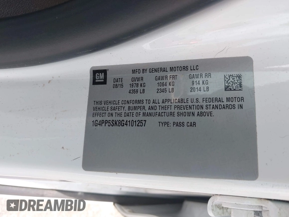 2016 Buick Verano with VIN 1G4PP5SK8G4101257, listed as a IAAI auction lot 42683926 with 86,452 mi miles and . Bid and sale history available at DreamBid. Image 9.