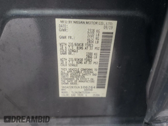 2020 Nissan Murano SV z VIN 5N1AZ2BJ5LN106264, wystawiony jako Copart lot #47719855 z przebiegiem 98 339 mil mil oraz Szkoda całkowita • Salvage title. Historia ofert i sprzedaży dostępna na DreamBid. Obrazek 13.