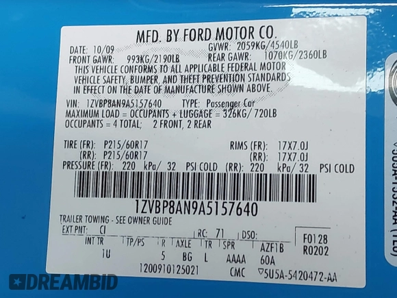 2010 Ford Mustang V6 with VIN 1ZVBP8AN9A5157640, listed as a IAAI auction lot 41873148 with 147,969 mi miles and . Bid and sale history available at carsss.com. Image 9.