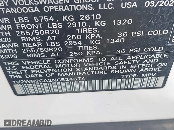2022 Volkswagen Atlas SE with VIN 1V2WR2CA2NC524674, listed as a IAAI auction lot 42116089 with 55,598 mi miles and . Bid and sale history available at DreamBid. Image 9.