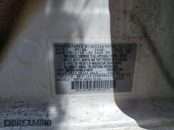 2019 Nissan Versa SV с VIN 3N1CN7AP4KL814079, выставлен на аукционе Copart как лот 57223815 с пробегом Не указан миль и Чистый • Clean title. История ставок и продаж доступна на DreamBid. Изображение 12.