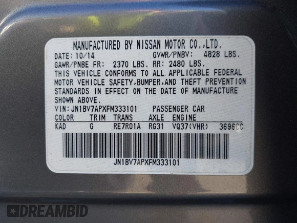 2015 Infiniti Q50 Premium with VIN JN1BV7APXFM333101, listed as a IAAI auction lot 41667109 with 112,477 mi miles and . Bid and sale history available at DreamBid. Image 9.