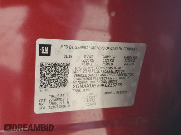 2019 Chevrolet Equinox LT z VIN 2GNAXUEV9K6215776, wystawiony jako Copart lot #57382245 z przebiegiem 78 389 mil mil oraz Szkoda całkowita • Salvage title. Historia ofert i sprzedaży dostępna na DreamBid. Obrazek 13.