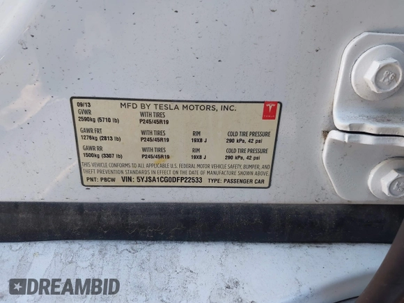 2013 Tesla Model S z VIN 5YJSA1CG0DFP22533, wystawiony jako IAAI lot #42519702 z przebiegiem 168 313 mil mil oraz . Historia ofert i sprzedaży dostępna na DreamBid. Obrazek 9.