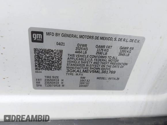 2021 GMC Terrain SLE with VIN 3GKALMEV9ML381769, listed as a IAAI auction lot 42011987 with 82,695 mi miles and . Bid and sale history available at carsss.com. Image 9.