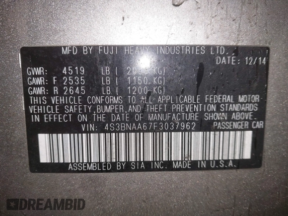 2015 Subaru Legacy 2.5i with VIN 4S3BNAA67F3037962, listed as a IAAI auction lot 41496836 with 162,431 mi miles and . Bid and sale history available at DreamBid. Image 9.