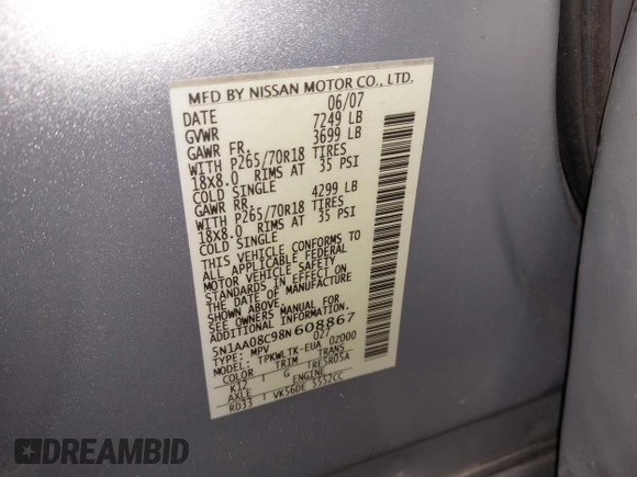 2008 Nissan Armada SE z VIN 5N1AA08C98N608867, wystawiony jako IAAI lot #42054139 z przebiegiem 214 433 mil mil oraz . Historia ofert i sprzedaży dostępna na DreamBid. Obrazek 9.