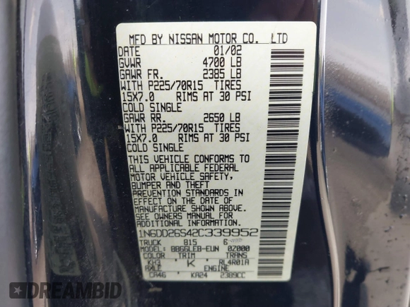 2002 Nissan Frontier XE с VIN 1N6DD26S42C339952, выставлен на аукционе IAAI как лот 41751668 с пробегом 129 956 миль миль и . История ставок и продаж доступна на DreamBid. Изображение 9.