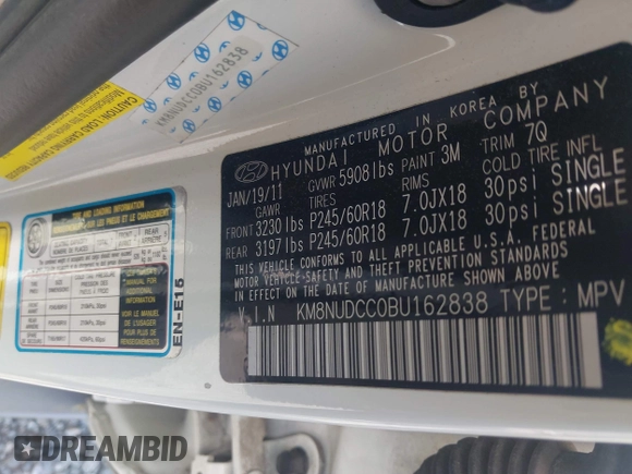 2011 Hyundai Veracruz GLS with VIN KM8NUDCC0BU162838, listed as a IAAI auction lot 42244590 with 105,630 mi miles and . Bid and sale history available at DreamBid. Image 9.