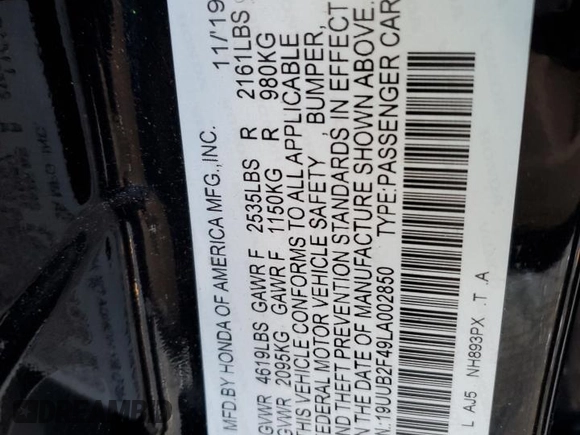 2020 Acura TLX w/Technology Pkg with VIN 19UUB2F49LA002850, listed as a Copart auction lot 83321444 with 49,890 mi miles and Salvage Title. Bid and sale history available at carsss.com. Image 14.