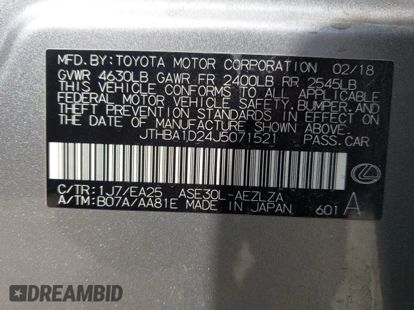2018 Lexus IS 300 with VIN JTHBA1D24J5071521, listed as a IAAI auction lot 42008745 with 114,743 mi miles and . Bid and sale history available at DreamBid. Image 9.