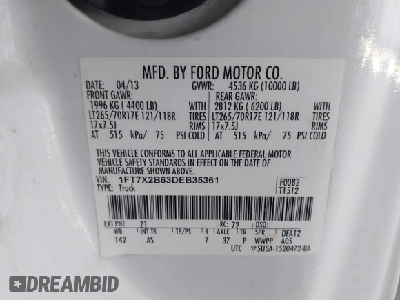 2013 Ford F-250 XL with VIN 1FT7X2B63DEB35361, listed as a IAAI auction lot 41396136 with 141,342 mi miles and . Bid and sale history available at DreamBid. Image 9.