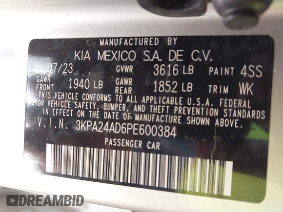 2023 Kia Rio S z VIN 3KPA24AD6PE600384, wystawiony jako IAAI lot #42003099 z przebiegiem 27 001 mil mil oraz . Historia ofert i sprzedaży dostępna na DreamBid. Obrazek 9.