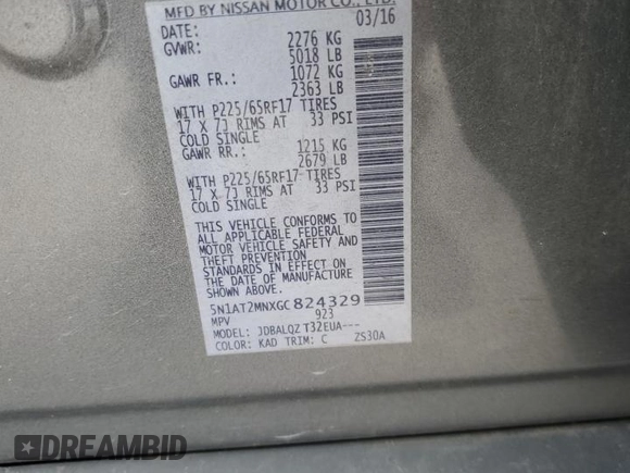 2016 Nissan Rogue S with VIN 5N1AT2MNXGC824329, listed as a Copart auction lot 54389435 with 120,464 mi miles and Salvage Title. Bid and sale history available at DreamBid. Image 13.