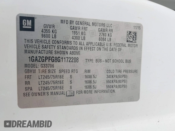 2016 Chevrolet Express Passenger LT with VIN 1GAZGPFG8G1172208, listed as a IAAI auction lot 42405250 with 326,456 mi miles and . Bid and sale history available at DreamBid. Image 9.