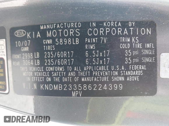 2008 Kia Sedona LX with VIN KNDMB233586224399, listed as a IAAI auction lot 42151998 with 161,787 mi miles. Bid and sale history available at carsss.com. Image 9.