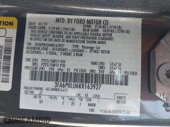 2019 Ford Fusion Hybrid SE with VIN 3FA6P0LU6KR163927, listed as a IAAI auction lot 41834612 with 104,342 mi miles. Bid and sale history available at carsss.com. Image 9.