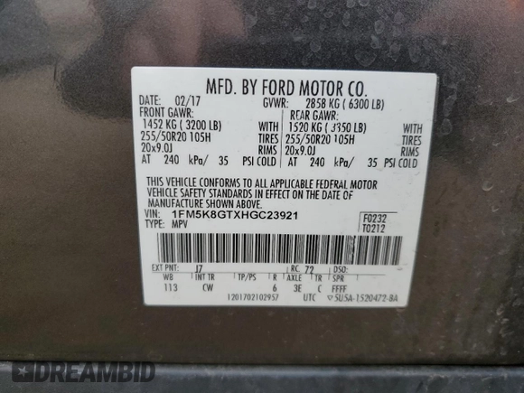 2017 Ford Explorer Sport z VIN 1FM5K8GTXHGC23921, wystawiony jako Copart lot #55084945 z przebiegiem 103 515 mil mil oraz Szkoda całkowita • Salvage title. Historia ofert i sprzedaży dostępna na DreamBid. Obrazek 12.