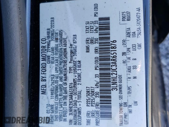 2010 Lincoln MKZ with VIN 3LNHL2JC3AR651876, listed as a Copart auction lot 48982675 with 128,074 mi miles and Non Repairable. Bid and sale history available at carsss.com. Image 12.