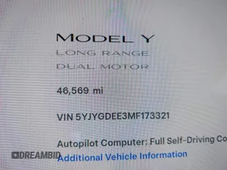 2021 Tesla Model Y Long Range z VIN 5YJYGDEE3MF173321, wystawiony jako IAAI lot #42163343 z przebiegiem 46 569 mil mil oraz . Historia ofert i sprzedaży dostępna na DreamBid. Obrazek 16.