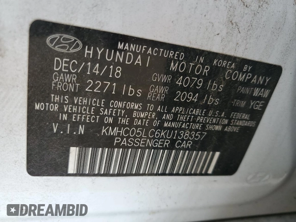 2019 Hyundai Ioniq Limited z VIN KMHC05LC6KU138357, wystawiony jako Copart lot #55044845 z przebiegiem 78 149 mil mil oraz Szkoda całkowita • Salvage title. Historia ofert i sprzedaży dostępna na DreamBid. Obrazek 12.