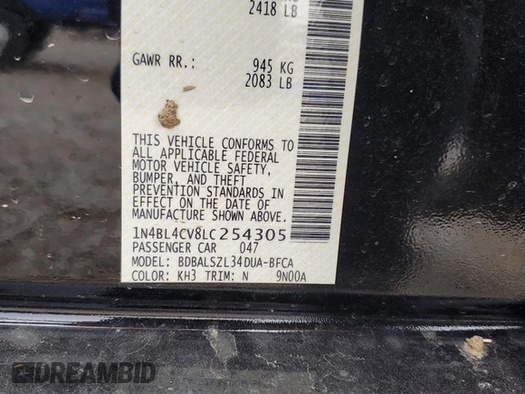 2020 Nissan Altima 2.5 SR with VIN 1N4BL4CV8LC254305, listed as a Copart auction lot 49375815 with 125,395 mi miles and Salvage Title. Bid and sale history available at carsss.com. Image 14.