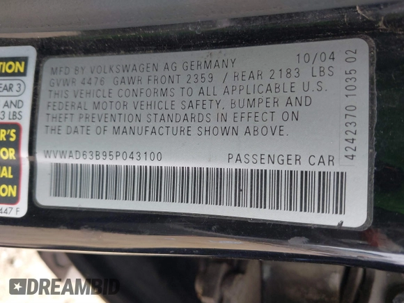 2005 Volkswagen Passat GLS with VIN WVWAD63B95P043100, listed as a IAAI auction lot 41576878 with 138,555 mi miles and . Bid and sale history available at DreamBid. Image 9.