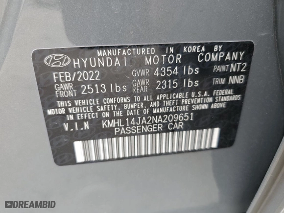 2022 Hyundai Sonata SEL with VIN KMHL14JA2NA209651, listed as a Copart auction lot 53976695 with 23,275 mi miles and Salvage Title. Bid and sale history available at carsss.com. Image 12.