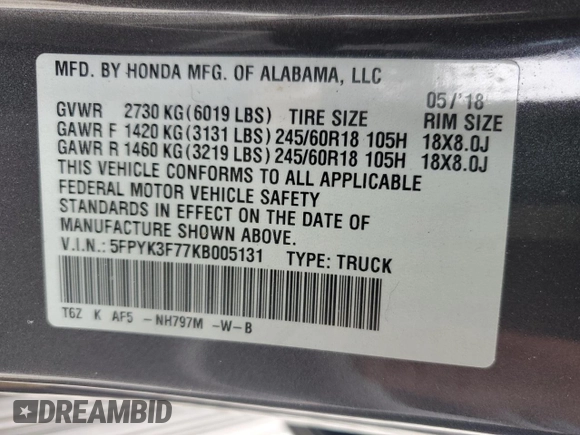 2019 Honda Ridgeline RTL-E with VIN 5FPYK3F77KB005131, listed as a Copart auction lot 60726155 with 81,797 mi miles and Salvage title. Bid and sale history available at DreamBid. Image 12.