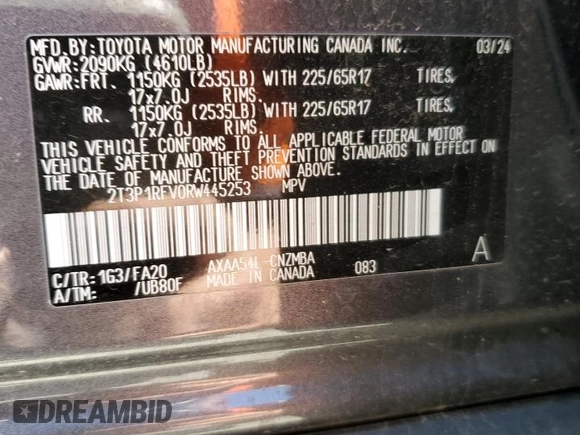 2024 Toyota RAV4 XLE with VIN 2T3P1RFV0RW445253, listed as a Copart auction lot 53907085 with 13,082 mi miles and Salvage Title. Bid and sale history available at carsss.com. Image 13.