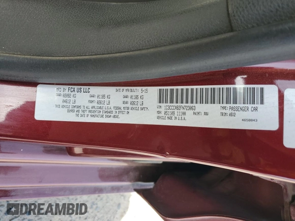 2015 Chrysler 200 Limited with VIN 1C3CCCAB2FN723063, listed as a Copart auction lot 52996575 with 245,700 mi miles and Clean Title. Bid and sale history available at carsss.com. Image 12.