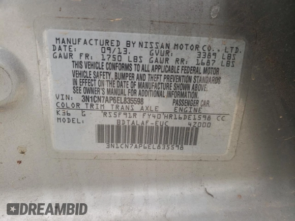 2014 Nissan Versa S with VIN 3N1CN7AP6EL835598, listed as a Copart auction lot 44154275 with 163,248 mi miles and Salvage Title. Bid and sale history available at carsss.com. Image 14.