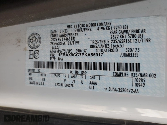 2023 Ford Transit Passenger XL z VIN 1FBAX9CG7PKA55917, wystawiony jako Copart lot #60463505 z przebiegiem 22 485 mil mil oraz Szkoda całkowita • Salvage title. Historia ofert i sprzedaży dostępna na DreamBid. Obrazek 14.
