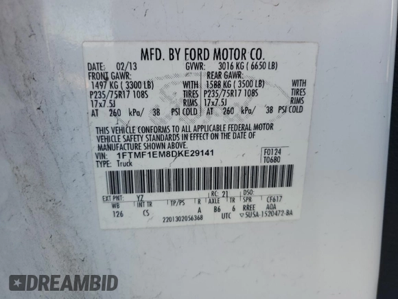 2013 Ford F-150 XL with VIN 1FTMF1EM8DKE29141, listed as a Copart auction lot 88806245 with 191,446 mi miles and Salvage Title. Bid and sale history available at DreamBid. Image 14.