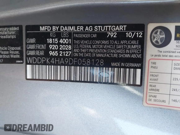2013 Mercedes-Benz SLK-Class SLK 250 with VIN WDDPK4HA9DF058128, listed as a IAAI auction lot 41809272 with 76,860 mi miles. Bid and sale history available at carsss.com. Image 9.