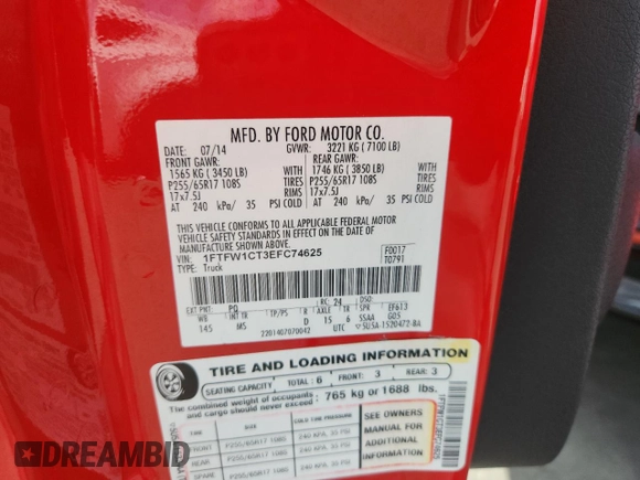 2014 Ford F-150 XL with VIN 1FTFW1CT3EFC74625, listed as a Copart auction lot 62128225 with 223,803 mi miles and Salvage title. Bid and sale history available at DreamBid. Image 12.