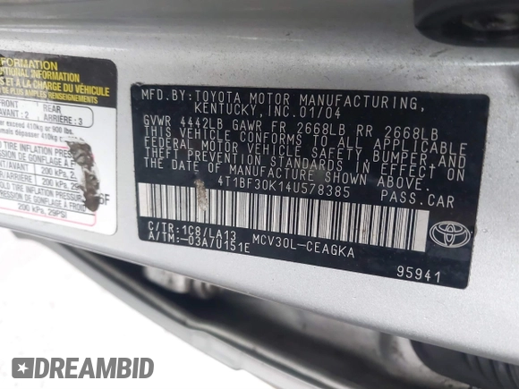 2004 Toyota Camry LE with VIN 4T1BF30K14U578385, listed as a IAAI auction lot 41547709 with 217,434 mi miles. Bid and sale history available at carsss.com. Image 9.