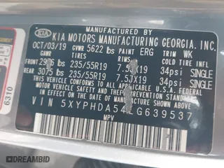 2020 Kia Sorento EX V6 with VIN 5XYPHDA54LG639537, listed as a IAAI auction lot 41570160 with 34,858 mi miles. Bid and sale history available at carsss.com. Image 9.