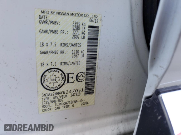 2015 Nissan Murano Platinum with VIN 5N1AZ2MH4FN247051, listed as a Copart auction lot 49885365 with 79,579 mi miles and Salvage Title. Bid and sale history available at DreamBid. Image 13.