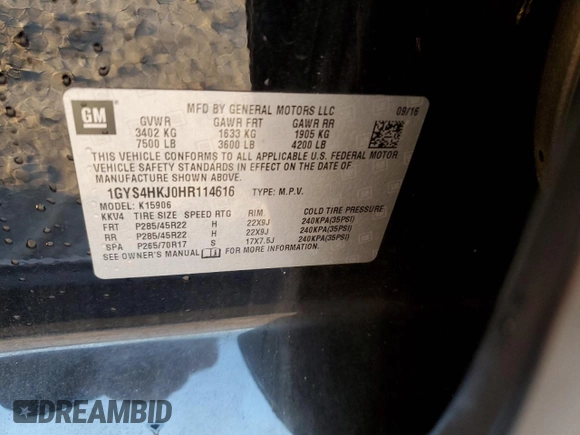 2017 Cadillac Escalade ESV Luxury z VIN 1GYS4HKJ0HR114616, wystawiony jako Copart lot #84195584 z przebiegiem Nie podano mil oraz Szkoda całkowita • Salvage title. Historia ofert i sprzedaży dostępna na DreamBid. Obrazek 13.