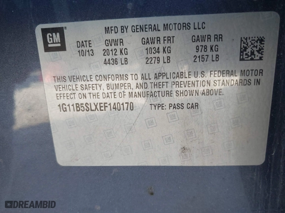 2014 Chevrolet Malibu LS with VIN 1G11B5SLXEF140170, listed as a IAAI auction lot 41489058 with 121,970 mi miles. Bid and sale history available at carsss.com. Image 9.