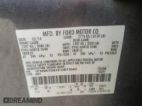 2014 Ford Explorer XLT z VIN 1FM5K7D8XEGB73043, wystawiony jako Copart lot #52146485 z przebiegiem 177 394 mil mil oraz Szkoda całkowita • Salvage title. Historia ofert i sprzedaży dostępna na DreamBid. Obrazek 15.