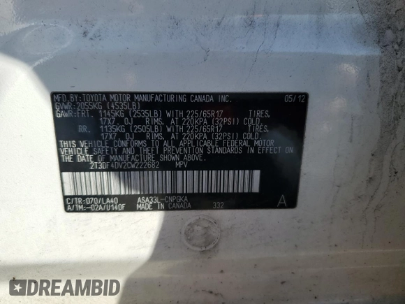 2012 Toyota RAV4 Limited with VIN 2T3DF4DV2CW222682, listed as a Copart auction lot 54793595 with 200,468 mi miles and Clean Title. Bid and sale history available at carsss.com. Image 13.